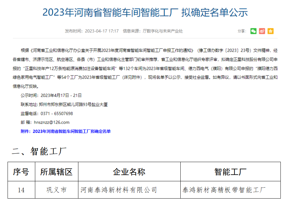 明泰鋁業(yè)公司旗下的河南泰鴻新材料有限公司獲評(píng)河南省智能工廠